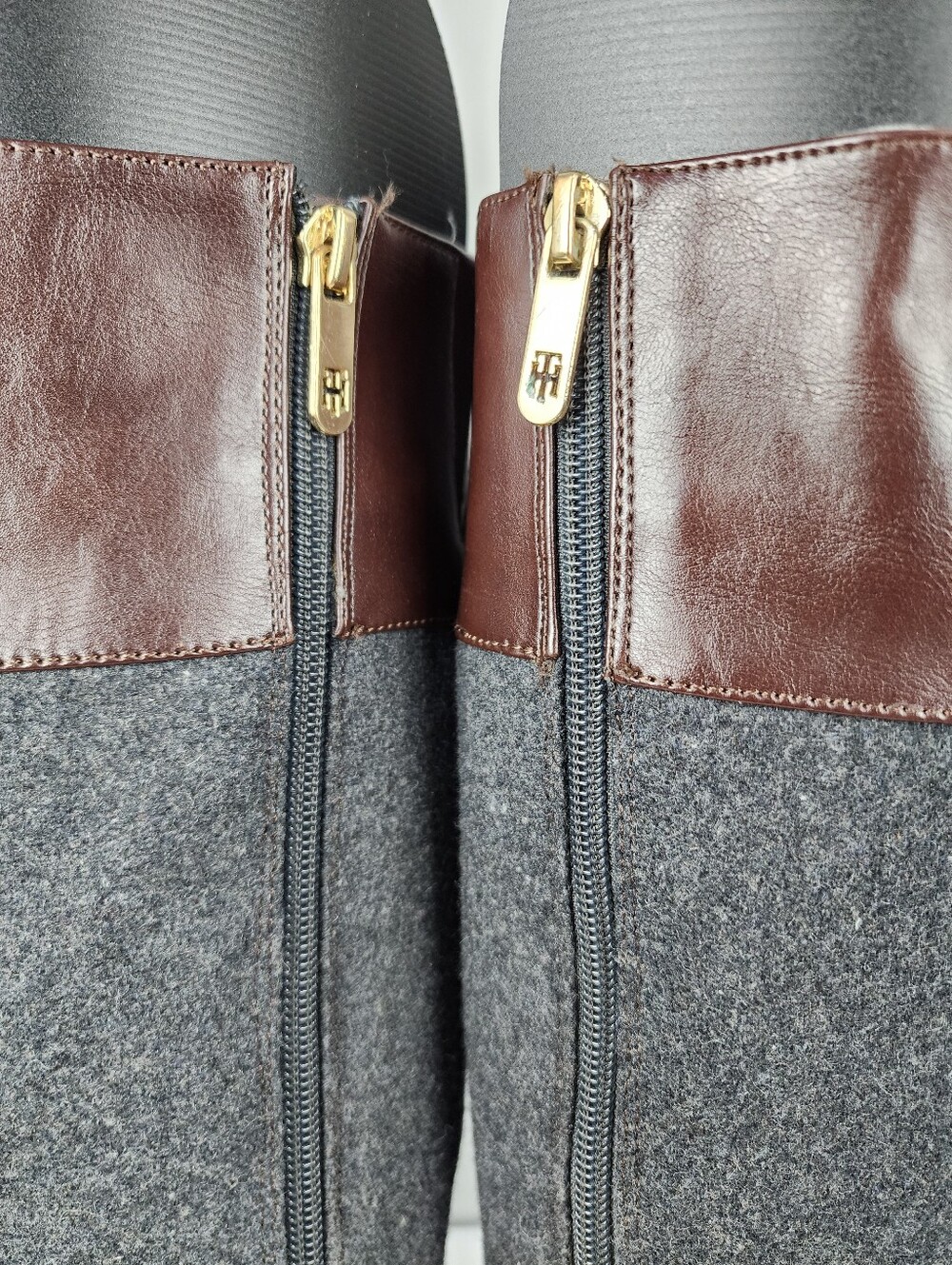 Tommy Hilfiger Madelen Tall Boots - Brown Leather & Grey Wool Sz 8 - Picture 4 of 11